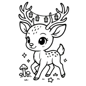 Free Cute Chibi Deer Coloring Page with Lantern Garland - Printable Forest Animal Coloring Sheet in PNG Format | From Chibi Forest Animals Coloring Book